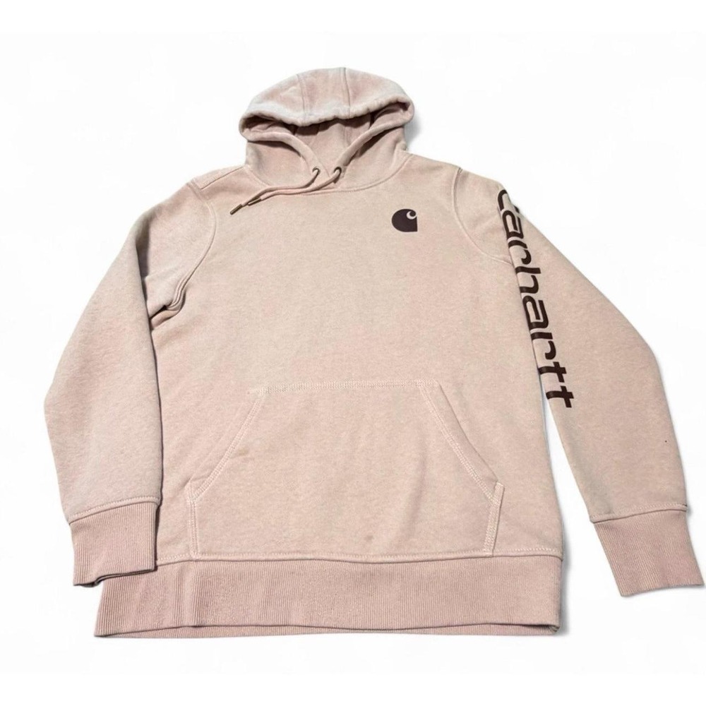 Carhartt Women's Medium Relaxed Fit Pink Pullover Hoodie Logo Sleeve